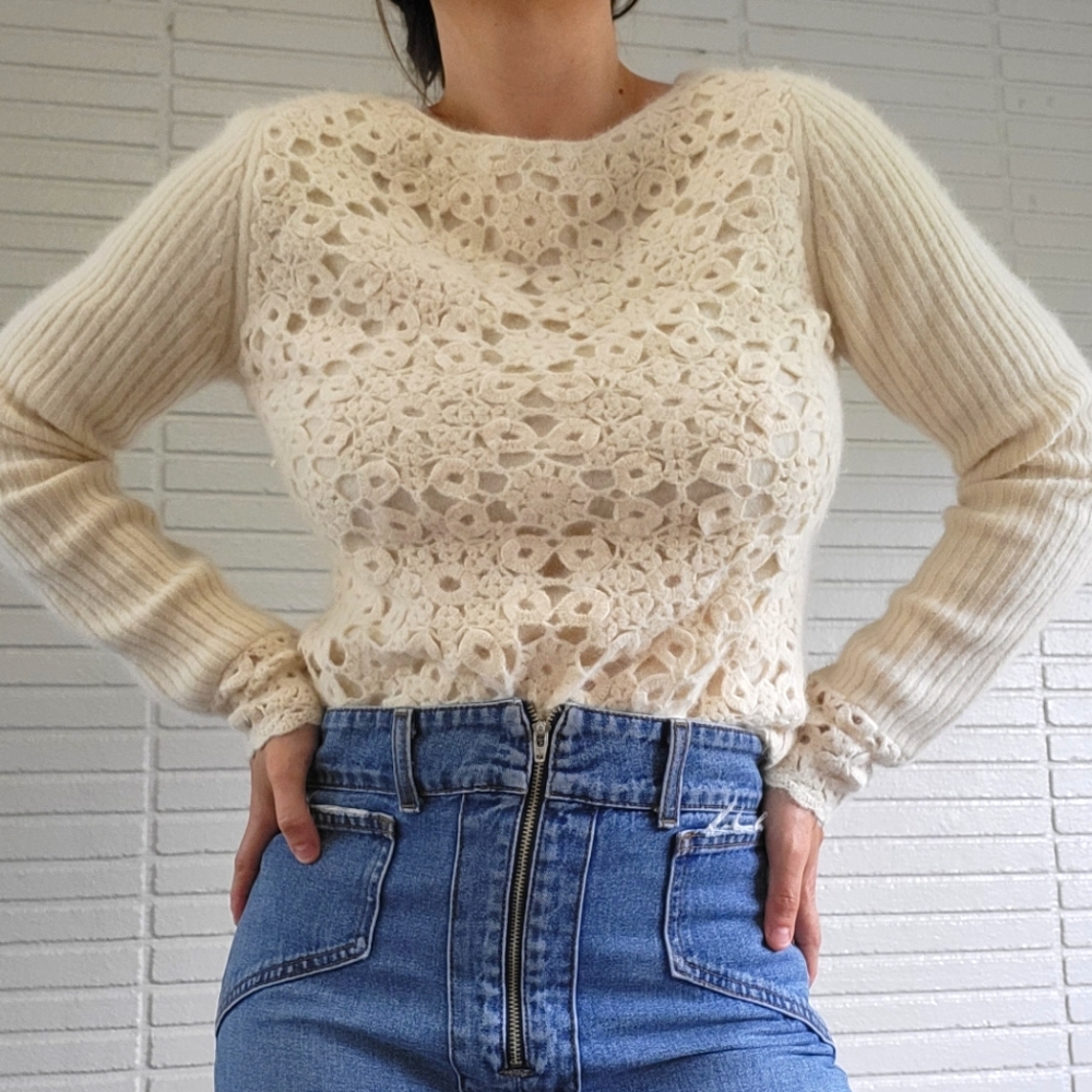 Vintage Knit Crochet Lambswool Angora Sweater